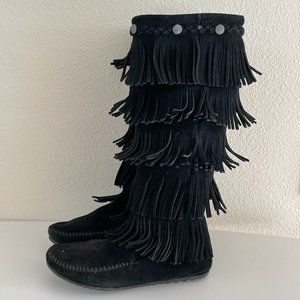 Minnetonka Black 5-Layer Suede Fringe Moccasin Tall Boots 1659 Women's Size 7